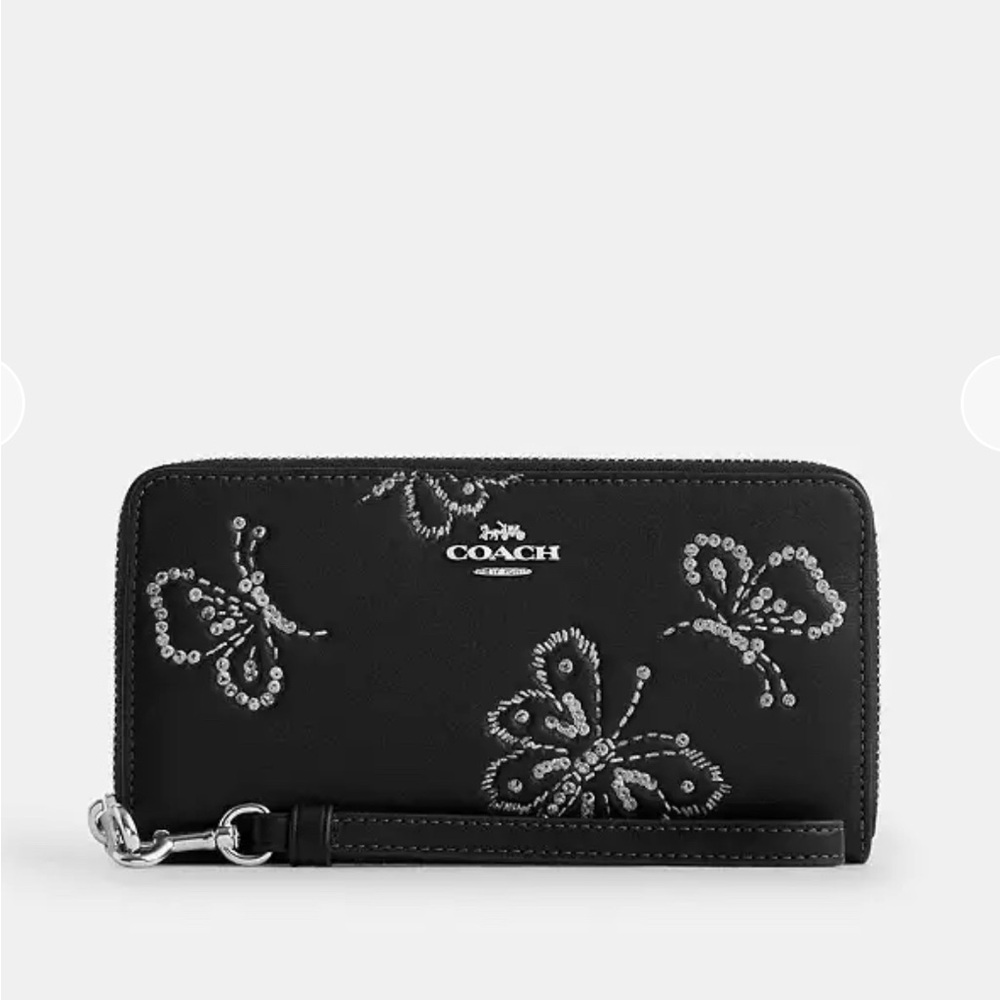 Coach Long Zip Around Wallet With Butterfly Print Black Silver - Picture 13 of 15